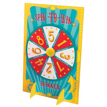 Colorful spin-to-win game wheel with numbers and prize sections.