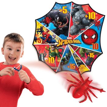Boy playing with Spider-Man themed dart game.