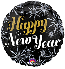 Black balloon with golden and white Happy New Year text and fireworks.