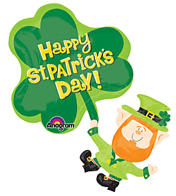 A cheerful leprechaun holding a shamrock balloon that says Happy St. Patrick's Day!