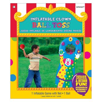 Inflatable clown ball toss game for outdoor fun.