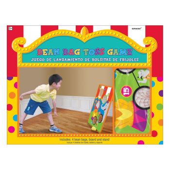 Child playing with a colorful bean bag toss game indoors.
