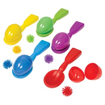 Colorful plastic sand scoops and textured balls toy set.