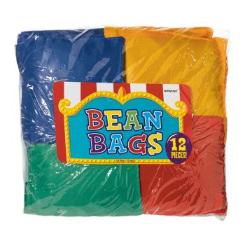 Colorful bean bags in red, blue, yellow, and green packaging.