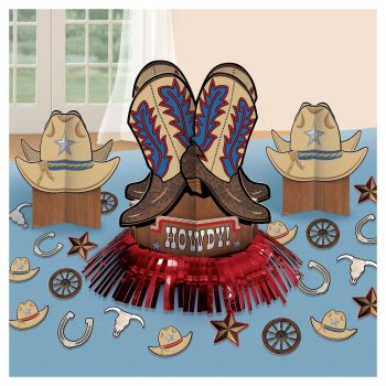 Cowboy boots and hats on a decorated table with western-themed items.