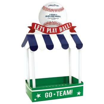 A baseball-themed decorative stand with a ball and banners.