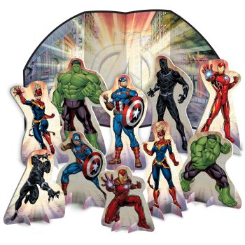 Superheroes cardboard standee with colorful designs.