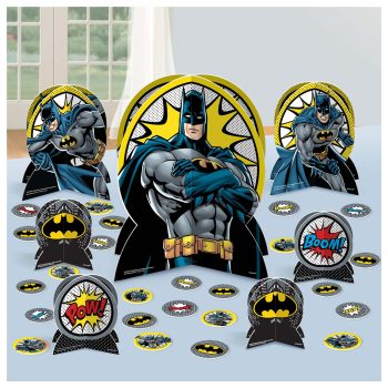 Batman-themed party decorations with comic graphics.