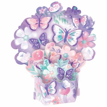 Colorful butterflies and flowers on decorative card.