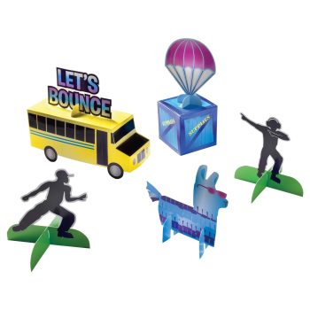 Fortnite themed decorations with bus and llama.