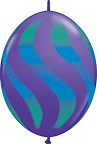A purple balloon with blue wavy stripes.