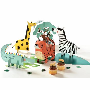 Jungle-themed cardboard animals with cupcakes.