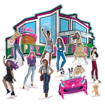 Barbie-themed birthday illustration with diverse dolls.