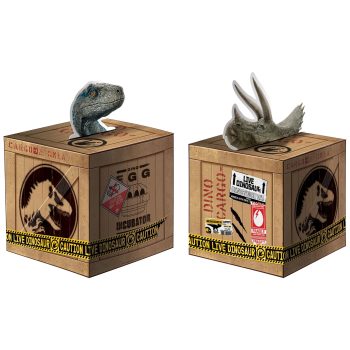 Dinosaur heads emerging from wooden crates.