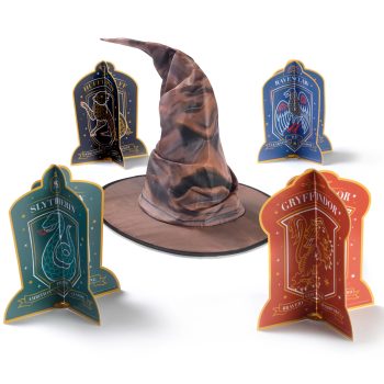 Sorting hat surrounded by Hogwarts house symbols.