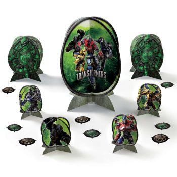 A set of green and purple superhero-themed party decorations.