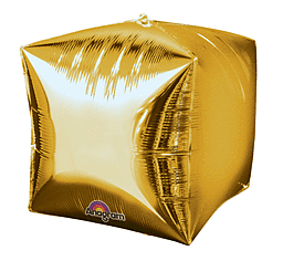 A shiny gold cube-shaped foil balloon.