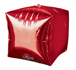 Shiny red cube-shaped foil balloon with star patterns.