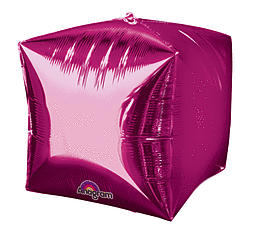 Shiny metallic pink cube-shaped balloon with reflective surfaces.