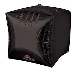 Black inflatable cube with a glossy finish and logo.