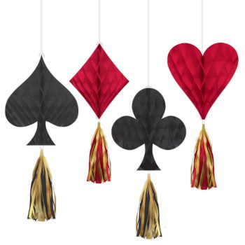 Hanging decorations shaped like playing card suits with tassels.