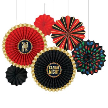 Casino-themed decorative paper fans in red, black, and gold.
