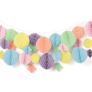 Colorful paper lanterns in various pastel shades.
