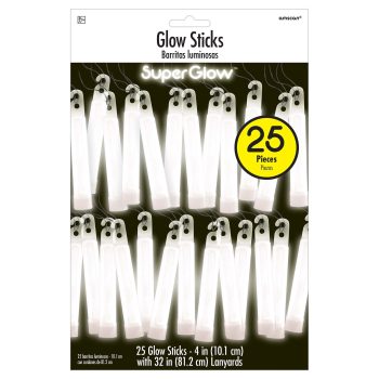 Pack of 25 white glow sticks for parties and emergencies.