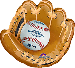 A baseball glove holding a baseball.