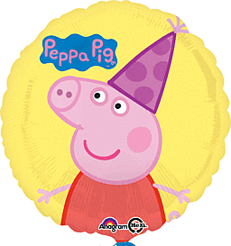Peppa Pig wearing a purple party hat on a yellow background balloon.