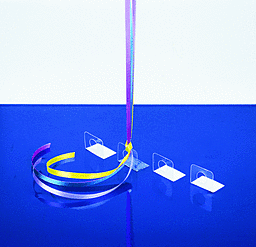 Colorful ribbons and transparent card holders.