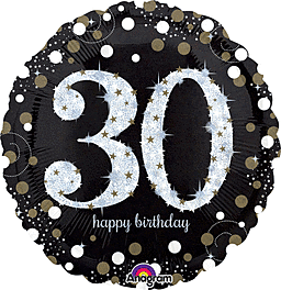 Black balloon with '30 happy birthday' in white and gold dots.