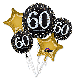Black and gold balloons celebrating a 60th birthday.