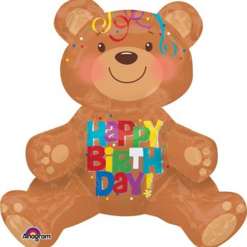 A cheerful teddy bear balloon with colorful Happy Birthday text.