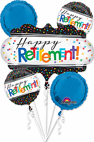 Colorful retirement celebration balloons with joyful messages.