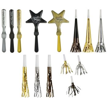 Happy New Year Noisemakers - Black, Silver, Gold 40ct