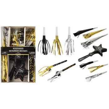 New Year Noisemakers 40 Pack - Black, Silver, Gold, 40ct