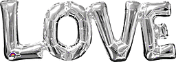 Silver foil balloons spelling 'LOVE' on a white background.