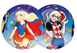 Two colorful badges featuring Supergirl and Harley Quinn illustrations.