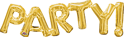 Gold foil balloons spelling 'PARTY' on a white background.