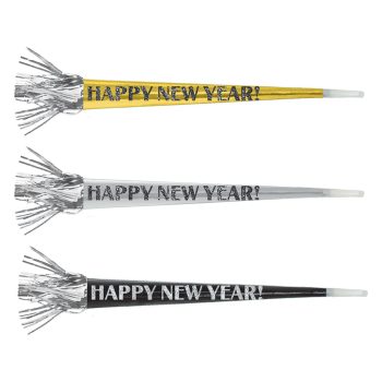 Black, Silver, Gold Happy New Year Large Foil Fringe Horns, 12ct