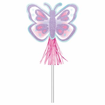 Butterfly wand with pink and purple design.