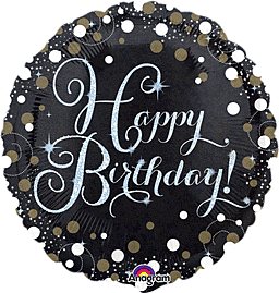 Black balloon with white and gold polka dots, saying Happy Birthday.