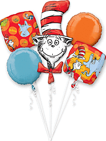 Colorful balloons featuring Dr. Seuss characters and themes.