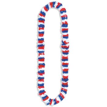 A red, white, and blue Hawaiian-style lei.