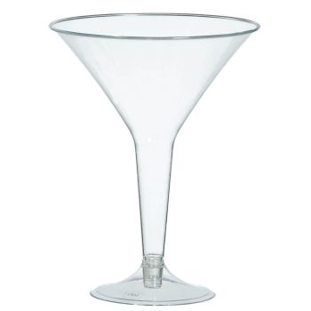 Clear martini glass on white background.