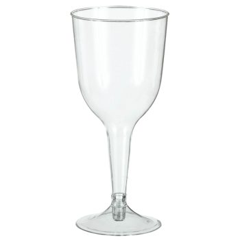 Transparent plastic wine glass on white background.