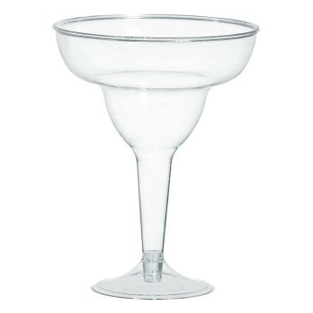 Clear plastic margarita glass on white background.