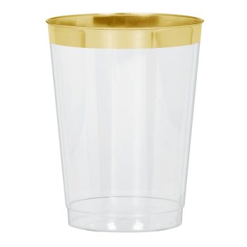 Clear plastic cup with gold rim.