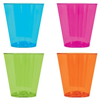 Four colorful plastic cups on white background.